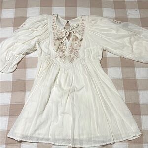 Anthropologie Cream Mini Sundress with Bishop Sleeves and Plunge Neckline